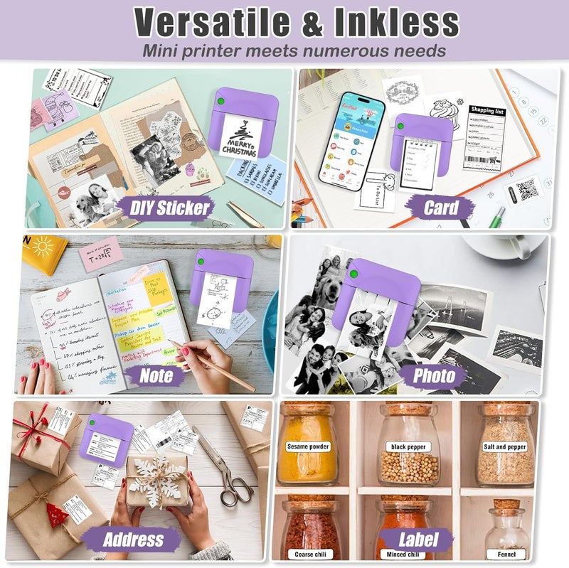 Zeacool Mini Sticker Printer,Mini Pocket Thermal Printer with 11 Rolls Paper,Bluetooth Inkless Printer Compatible with Android & iOS,Portable Receipt Printer for Photo,Journal,Memo,Travel,Purple - Image 3